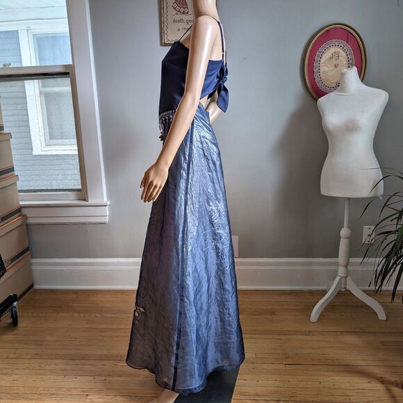 Vintage 90s y2k Scene Prom Gown Blue Floral Embroidery Beaded Fringe Size 9/10 - Picture 15 of 17